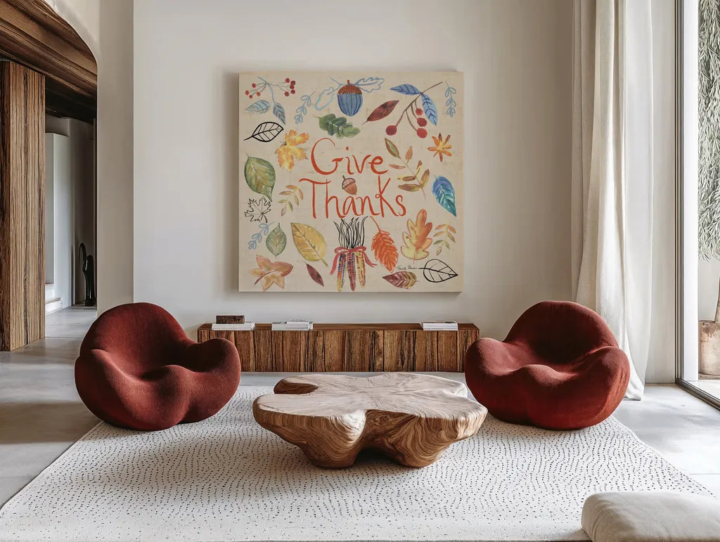 Hello Fall IV Sq Burlap by Farida Zaman. Shown as extra-large giant wall art in a modern living room. Available as an archival giclee rolled canvas, fine art paper, or poster print. SKU 47597a.