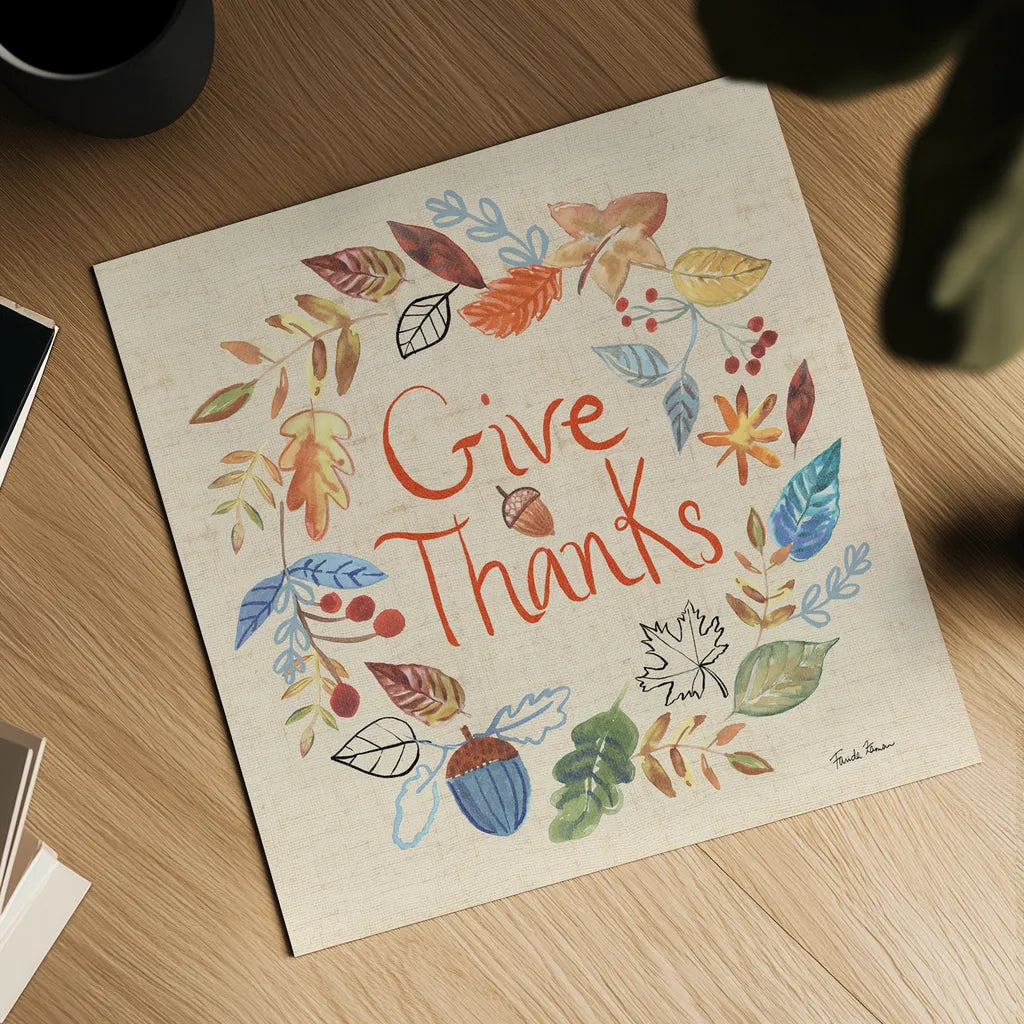 Hello Fall IV Sq Burlap by Farida Zaman. Shown as a detailed flat fine art print, highlighting archival giclee quality. Available as an archival giclee rolled canvas, fine art paper, or poster print. SKU 82072a.