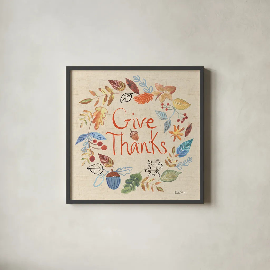 Hello Fall IV Sq Burlap by Farida Zaman. Shown in a sleek black glass frame for a contemporary gallery look. Available as an archival giclee rolled canvas, fine art paper, or poster print. SKU 82072a.