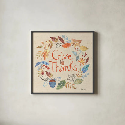 Hello Fall IV Sq Burlap by Farida Zaman. Shown in a sleek black glass frame for a contemporary gallery look. Available as an archival giclee rolled canvas, fine art paper, or poster print. SKU 82072a.