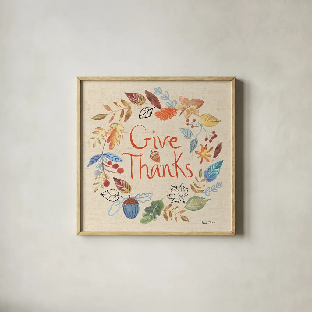 Hello Fall IV Sq Burlap by Farida Zaman. Shown in a natural wood glass frame for a timeless modern aesthetic. Available as an archival giclee rolled canvas, fine art paper, or poster print. SKU 82072a.