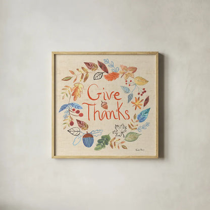 Hello Fall IV Sq Burlap by Farida Zaman. Shown in a natural wood glass frame for a timeless modern aesthetic. Available as an archival giclee rolled canvas, fine art paper, or poster print. SKU 82072a.