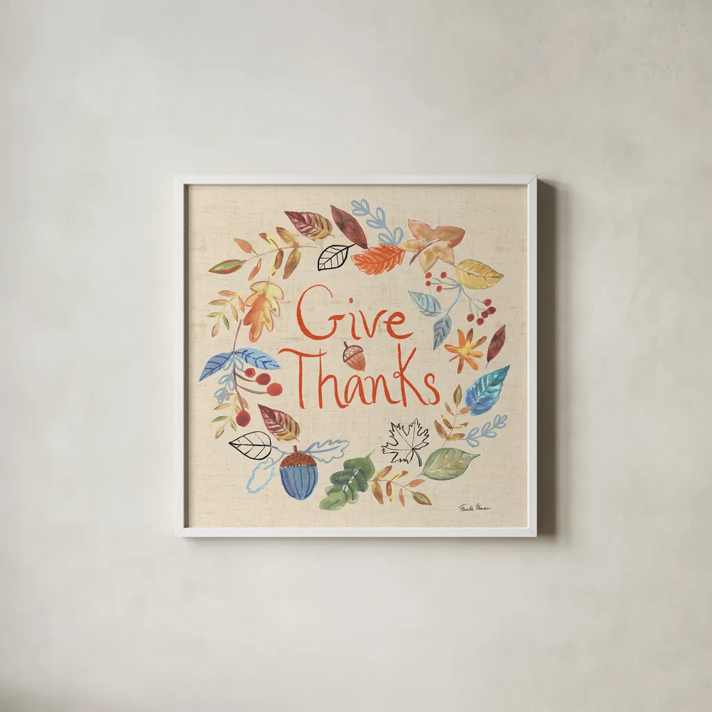 Hello Fall IV Sq Burlap by Farida Zaman. Shown in a crisp white glass frame for a clean and minimalist style. Available as an archival giclee rolled canvas, fine art paper, or poster print. SKU 82072a.