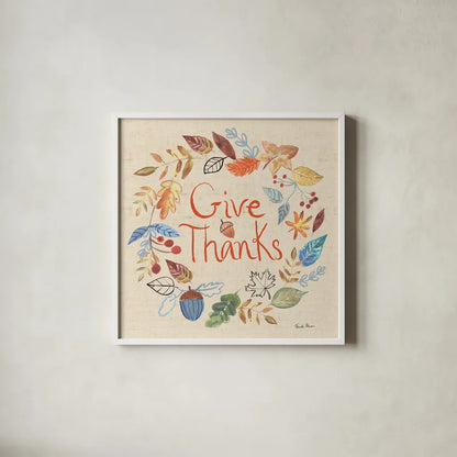 Hello Fall IV Sq Burlap by Farida Zaman. Shown in a crisp white glass frame for a clean and minimalist style. Available as an archival giclee rolled canvas, fine art paper, or poster print. SKU 82072a.