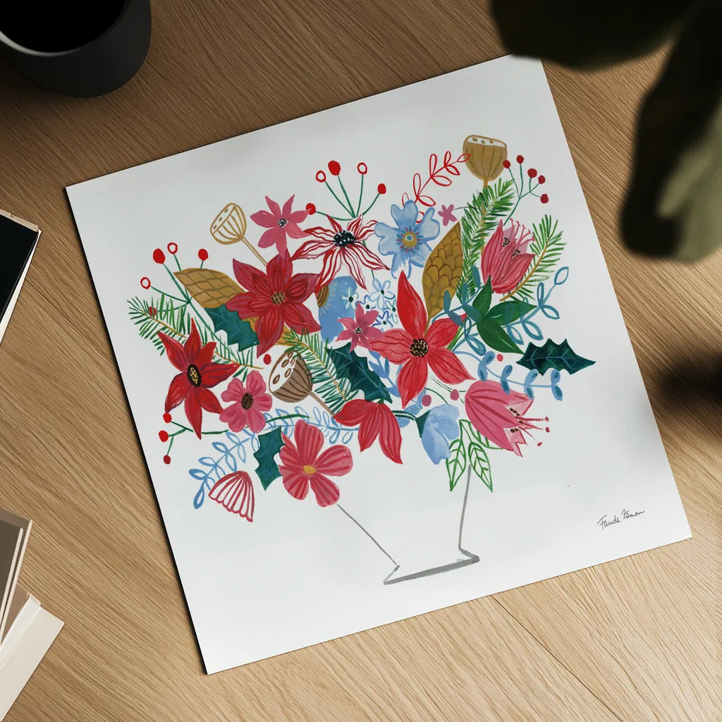 Holiday Bouquet I by Farida Zaman. Shown as a detailed flat fine art print, highlighting archival giclee quality. Available as an archival giclee rolled canvas, fine art paper, or poster print. SKU 65614a.