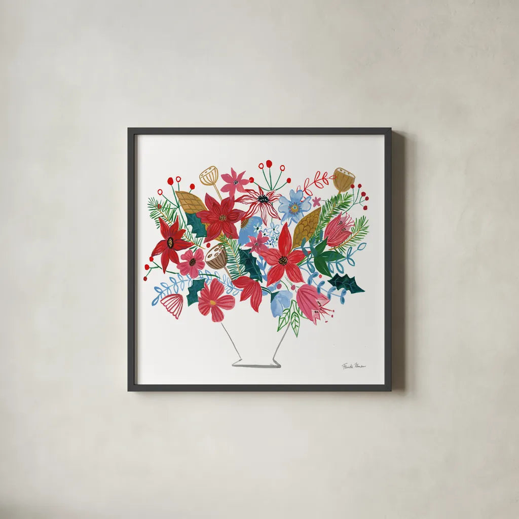Holiday Bouquet I by Farida Zaman. Shown in a sleek black glass frame for a contemporary gallery look. Available as an archival giclee rolled canvas, fine art paper, or poster print. SKU 65614a.