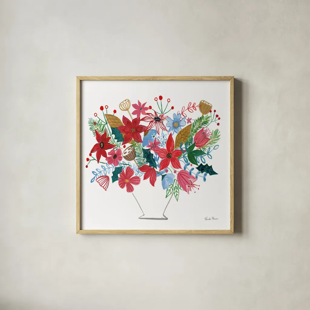 Holiday Bouquet I by Farida Zaman. Shown in a natural wood glass frame for a timeless modern aesthetic. Available as an archival giclee rolled canvas, fine art paper, or poster print. SKU 65614a.