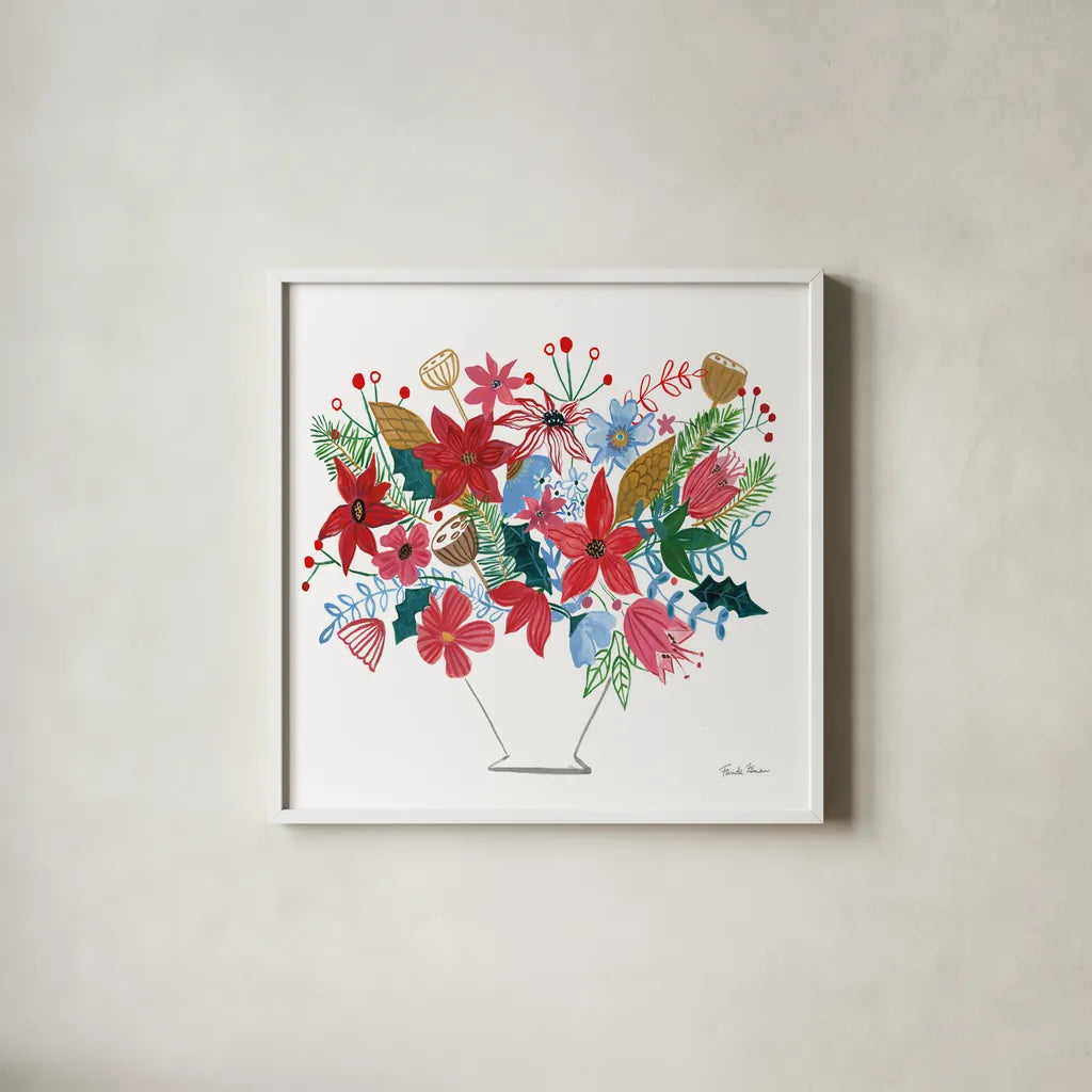 Holiday Bouquet I by Farida Zaman. Shown in a crisp white glass frame for a clean and minimalist style. Available as an archival giclee rolled canvas, fine art paper, or poster print. SKU 65614a.