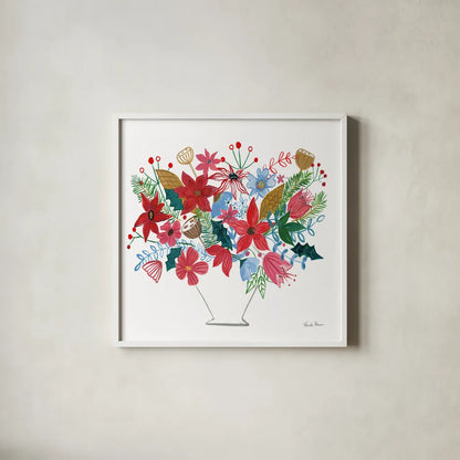 Holiday Bouquet I by Farida Zaman. Shown in a crisp white glass frame for a clean and minimalist style. Available as an archival giclee rolled canvas, fine art paper, or poster print. SKU 65614a.