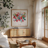 Holiday Bouquet I by Farida Zaman. Shown in a natural wood frame in a cozy modern living room. Available as an archival giclee rolled canvas, fine art paper, or poster print. SKU 65614a.