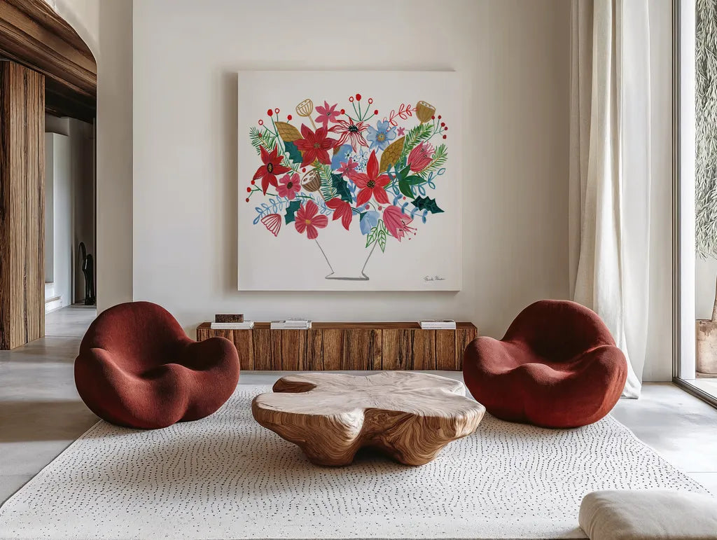 Holiday Bouquet I by Farida Zaman. Shown as extra-large giant wall art in a modern living room. Available as an archival giclee rolled canvas, fine art paper, or poster print. SKU 65614a.