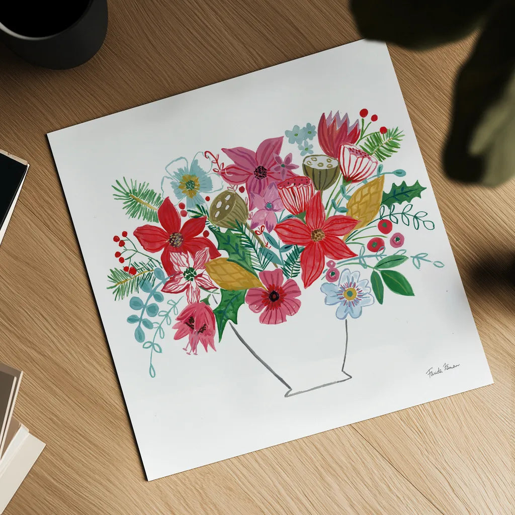 Holiday Bouquet II by Farida Zaman. Shown as a detailed flat fine art print, highlighting archival giclee quality. Available as an archival giclee rolled canvas, fine art paper, or poster print. SKU 65615a.