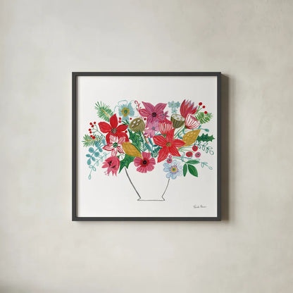 Holiday Bouquet II by Farida Zaman. Shown in a sleek black glass frame for a contemporary gallery look. Available as an archival giclee rolled canvas, fine art paper, or poster print. SKU 65615a.