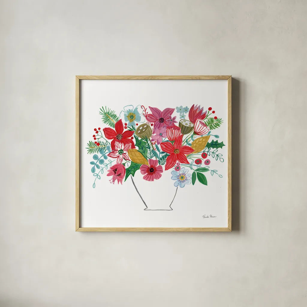 Holiday Bouquet II by Farida Zaman. Shown in a natural wood glass frame for a timeless modern aesthetic. Available as an archival giclee rolled canvas, fine art paper, or poster print. SKU 65615a.