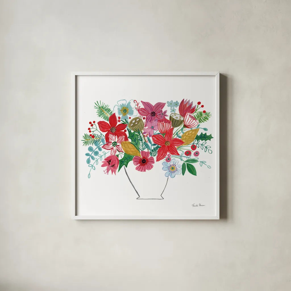 Holiday Bouquet II by Farida Zaman. Shown in a crisp white glass frame for a clean and minimalist style. Available as an archival giclee rolled canvas, fine art paper, or poster print. SKU 65615a.