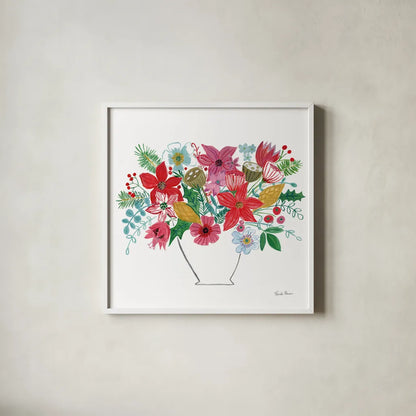 Holiday Bouquet II by Farida Zaman. Shown in a crisp white glass frame for a clean and minimalist style. Available as an archival giclee rolled canvas, fine art paper, or poster print. SKU 65615a.