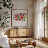 Holiday Bouquet II by Farida Zaman. Shown in a natural wood frame in a cozy modern living room. Available as an archival giclee rolled canvas, fine art paper, or poster print. SKU 65615a.