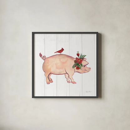 Holiday Farm Animals I by Farida Zaman. Shown in a sleek black glass frame for a contemporary gallery look. Available as an archival giclee rolled canvas, fine art paper, or poster print. SKU 37033a.