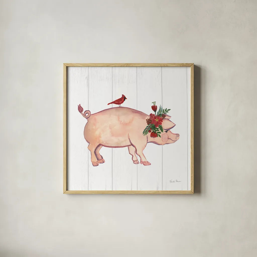 Holiday Farm Animals I by Farida Zaman. Shown in a natural wood glass frame for a timeless modern aesthetic. Available as an archival giclee rolled canvas, fine art paper, or poster print. SKU 37033a.