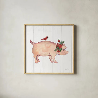 Holiday Farm Animals I by Farida Zaman. Shown in a natural wood glass frame for a timeless modern aesthetic. Available as an archival giclee rolled canvas, fine art paper, or poster print. SKU 37033a.