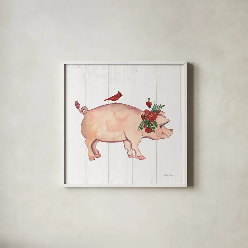 Holiday Farm Animals I by Farida Zaman. Shown in a crisp white glass frame for a clean and minimalist style. Available as an archival giclee rolled canvas, fine art paper, or poster print. SKU 37033a.