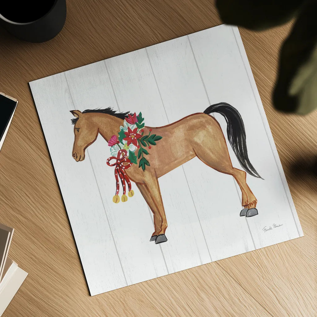 Holiday Farm Animals II by Farida Zaman. Shown as a detailed flat fine art print, highlighting archival giclee quality. Available as an archival giclee rolled canvas, fine art paper, or poster print. SKU 37034a.