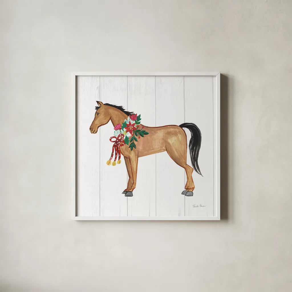 Holiday Farm Animals II by Farida Zaman. Shown in a crisp white glass frame for a clean and minimalist style. Available as an archival giclee rolled canvas, fine art paper, or poster print. SKU 37034a.