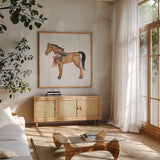 Holiday Farm Animals II by Farida Zaman. Shown in a natural wood frame in a cozy modern living room. Available as an archival giclee rolled canvas, fine art paper, or poster print. SKU 37034a.