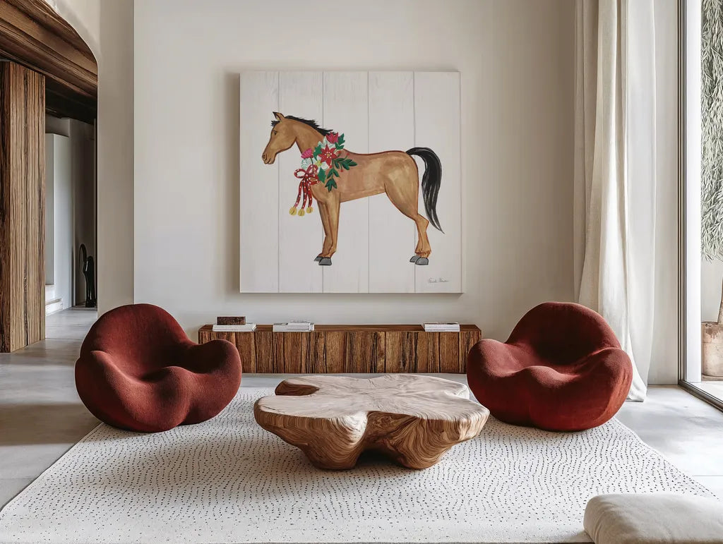 Holiday Farm Animals II by Farida Zaman. Shown as extra-large giant wall art in a modern living room. Available as an archival giclee rolled canvas, fine art paper, or poster print. SKU 37034a.