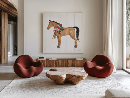 Holiday Farm Animals II by Farida Zaman. Shown as extra-large giant wall art in a modern living room. Available as an archival giclee rolled canvas, fine art paper, or poster print. SKU 37034a.