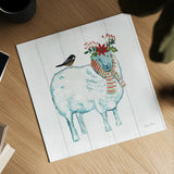 Holiday Farm Animals III by Farida Zaman. Shown as a detailed flat fine art print, highlighting archival giclee quality. Available as an archival giclee rolled canvas, fine art paper, or poster print. SKU 37035a.
