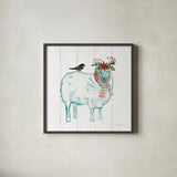 Holiday Farm Animals III by Farida Zaman. Shown in a sleek black glass frame for a contemporary gallery look. Available as an archival giclee rolled canvas, fine art paper, or poster print. SKU 37035a.