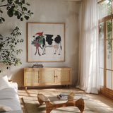 Holiday Farm Animals IV by Farida Zaman. Shown in a natural wood frame in a cozy modern living room. Available as an archival giclee rolled canvas, fine art paper, or poster print. SKU 37036a.