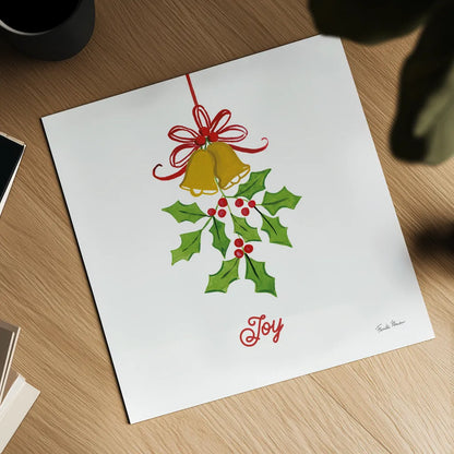 Holiday Holly by Farida Zaman. Shown as a detailed flat fine art print, highlighting archival giclee quality. Available as an archival giclee rolled canvas, fine art paper, or poster print. SKU 76003a.