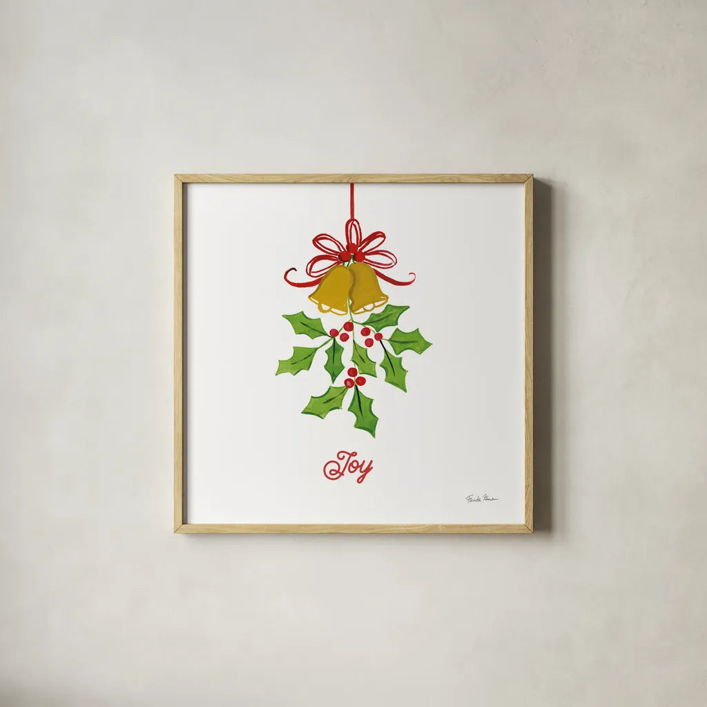 Holiday Holly by Farida Zaman. Shown in a natural wood glass frame for a timeless modern aesthetic. Available as an archival giclee rolled canvas, fine art paper, or poster print. SKU 76003a.