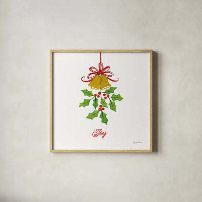 Holiday Holly by Farida Zaman. Shown in a natural wood glass frame for a timeless modern aesthetic. Available as an archival giclee rolled canvas, fine art paper, or poster print. SKU 76003a.