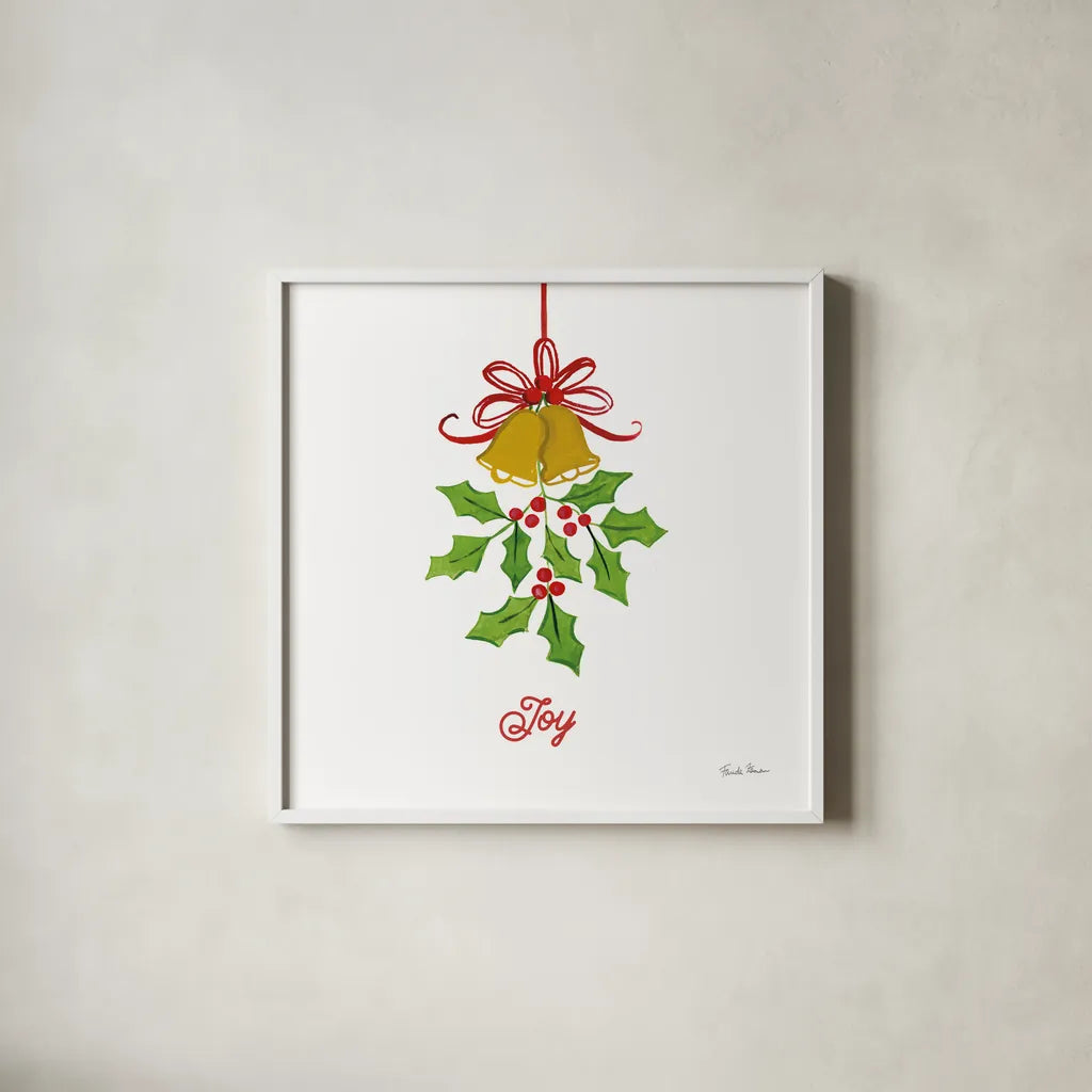 Holiday Holly by Farida Zaman. Shown in a crisp white glass frame for a clean and minimalist style. Available as an archival giclee rolled canvas, fine art paper, or poster print. SKU 76003a.