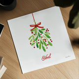 Holiday Mistletoe by Farida Zaman. Shown as a detailed flat fine art print, highlighting archival giclee quality. Available as an archival giclee rolled canvas, fine art paper, or poster print. SKU 76002a.