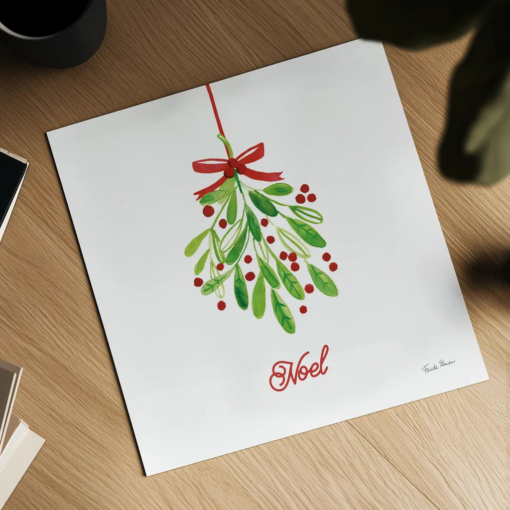 Holiday Mistletoe by Farida Zaman. Shown as a detailed flat fine art print, highlighting archival giclee quality. Available as an archival giclee rolled canvas, fine art paper, or poster print. SKU 76002a.