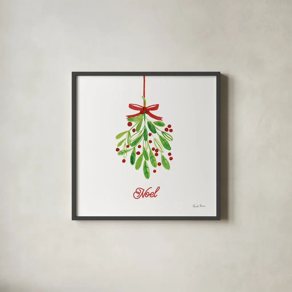 Holiday Mistletoe by Farida Zaman. Shown in a sleek black glass frame for a contemporary gallery look. Available as an archival giclee rolled canvas, fine art paper, or poster print. SKU 76002a.