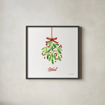 Holiday Mistletoe by Farida Zaman. Shown in a sleek black glass frame for a contemporary gallery look. Available as an archival giclee rolled canvas, fine art paper, or poster print. SKU 76002a.