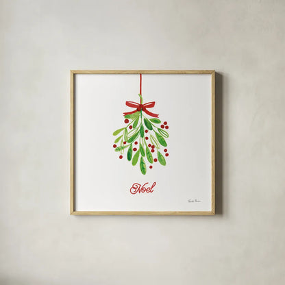 Holiday Mistletoe by Farida Zaman. Shown in a natural wood glass frame for a timeless modern aesthetic. Available as an archival giclee rolled canvas, fine art paper, or poster print. SKU 76002a.