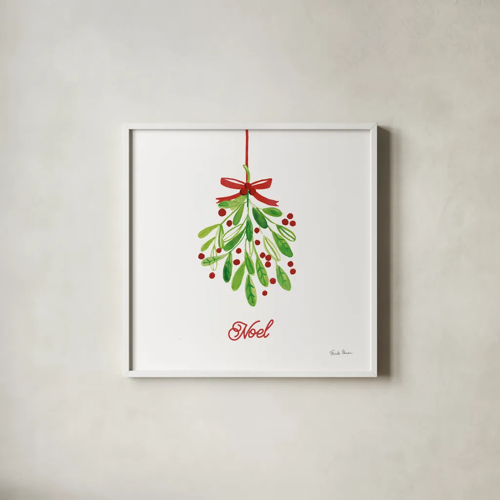 Holiday Mistletoe by Farida Zaman. Shown in a crisp white glass frame for a clean and minimalist style. Available as an archival giclee rolled canvas, fine art paper, or poster print. SKU 76002a.