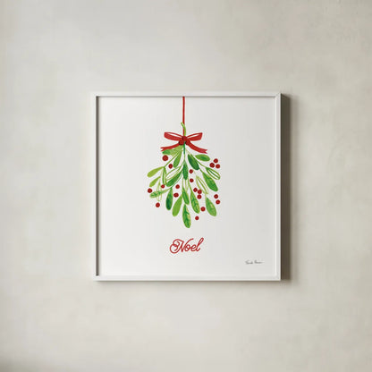Holiday Mistletoe by Farida Zaman. Shown in a crisp white glass frame for a clean and minimalist style. Available as an archival giclee rolled canvas, fine art paper, or poster print. SKU 76002a.
