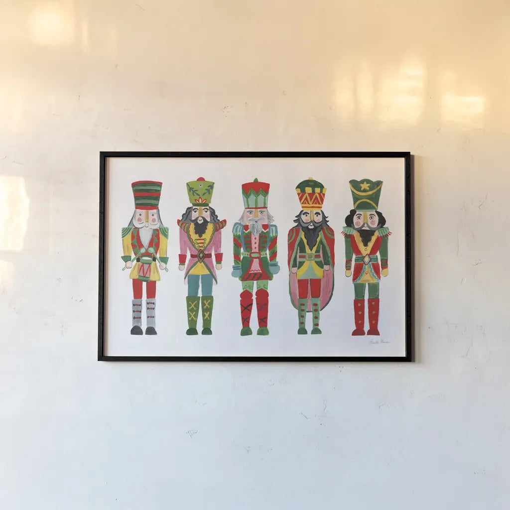 Holiday Nutcrackers I by Farida Zaman. shown as a paper print in a black flame. Available as a archival giclee rolled canvas, fine art paper, or poster print. SKU 83571i.