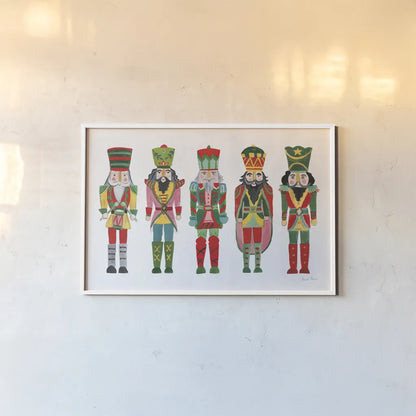 Holiday Nutcrackers I by Farida Zaman. shown as a paper print in a white frame. Available as a archival giclee rolled canvas, fine art paper, or poster print. SKU 83571i.