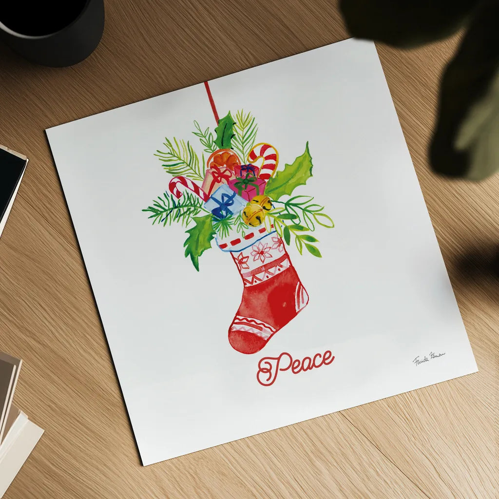Holiday Stocking by Farida Zaman. Shown as a detailed flat fine art print, highlighting archival giclee quality. Available as an archival giclee rolled canvas, fine art paper, or poster print. SKU 76532a.