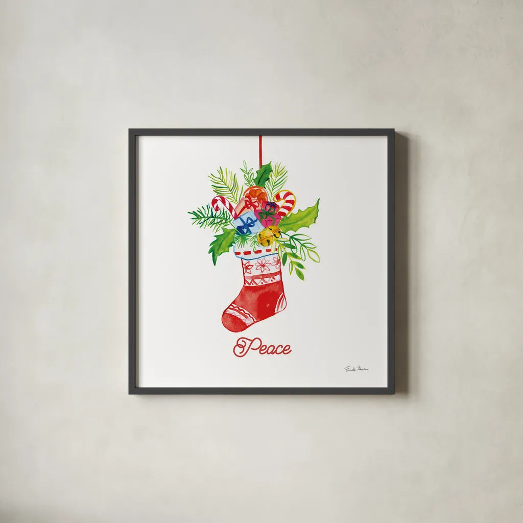 Holiday Stocking by Farida Zaman. Shown in a sleek black glass frame for a contemporary gallery look. Available as an archival giclee rolled canvas, fine art paper, or poster print. SKU 76532a.