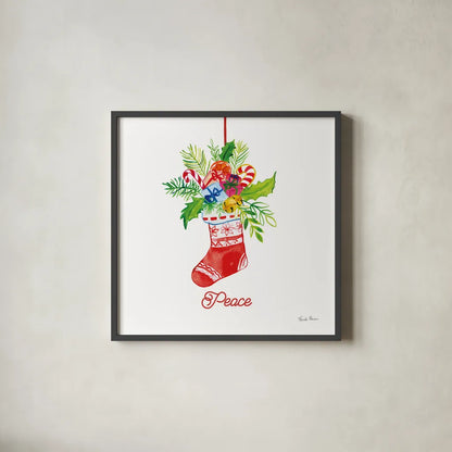 Holiday Stocking by Farida Zaman. Shown in a sleek black glass frame for a contemporary gallery look. Available as an archival giclee rolled canvas, fine art paper, or poster print. SKU 76532a.
