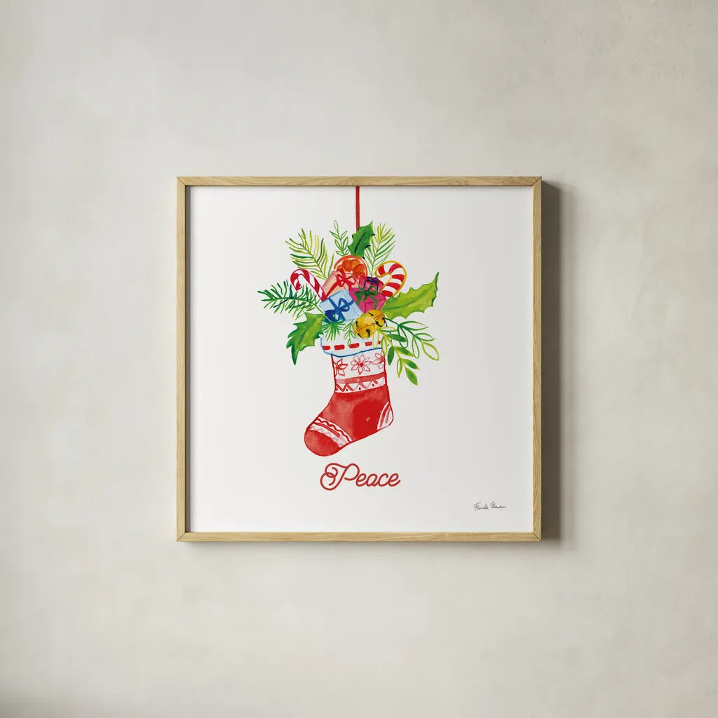 Holiday Stocking by Farida Zaman. Shown in a natural wood glass frame for a timeless modern aesthetic. Available as an archival giclee rolled canvas, fine art paper, or poster print. SKU 76532a.